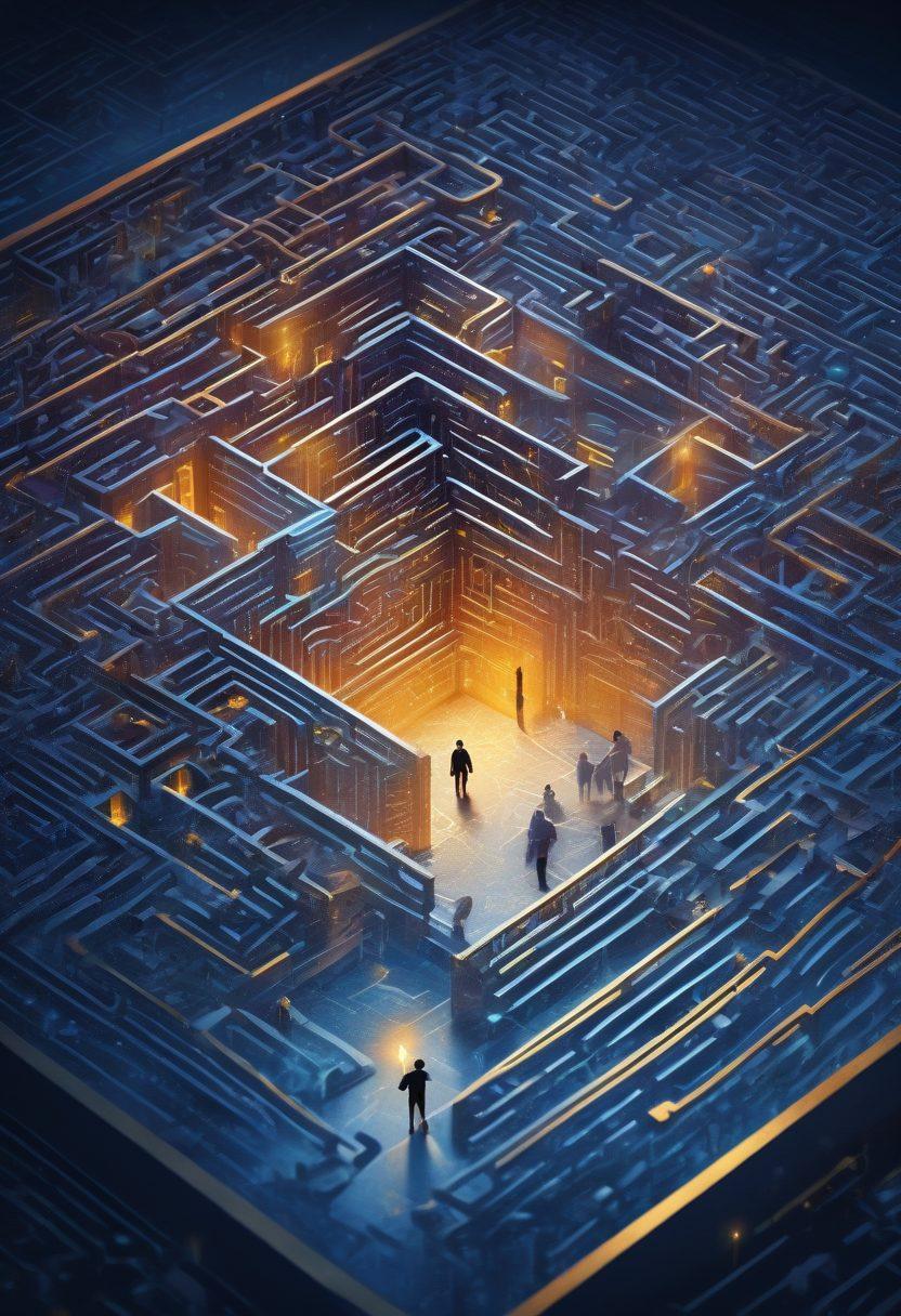 A dynamic and intricate maze made of legal documents and symbols, with a bright light illuminating the exit, symbolizing clarity and understanding. In the foreground, a diverse group of individuals thoughtfully navigating the maze, representing various legal roles. The colors should be a blend of deep blues and rich golds, conveying professionalism and knowledge. artistic illustration. vibrant colors.