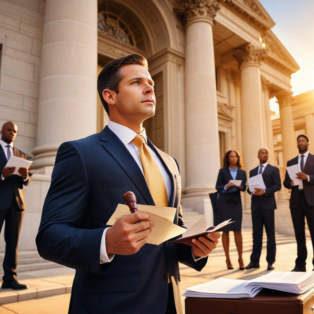 A confident lawyer standing in front of a grand courthouse, holding a gavel in one hand and a stack of legal documents in the other, radiating empowerment. The background features a diverse group of attorneys engaged in discussions, showcasing the journey of law practice. A bright sunrise symbolizes new insights and opportunities. super-realistic. vibrant colors. dynamic composition.