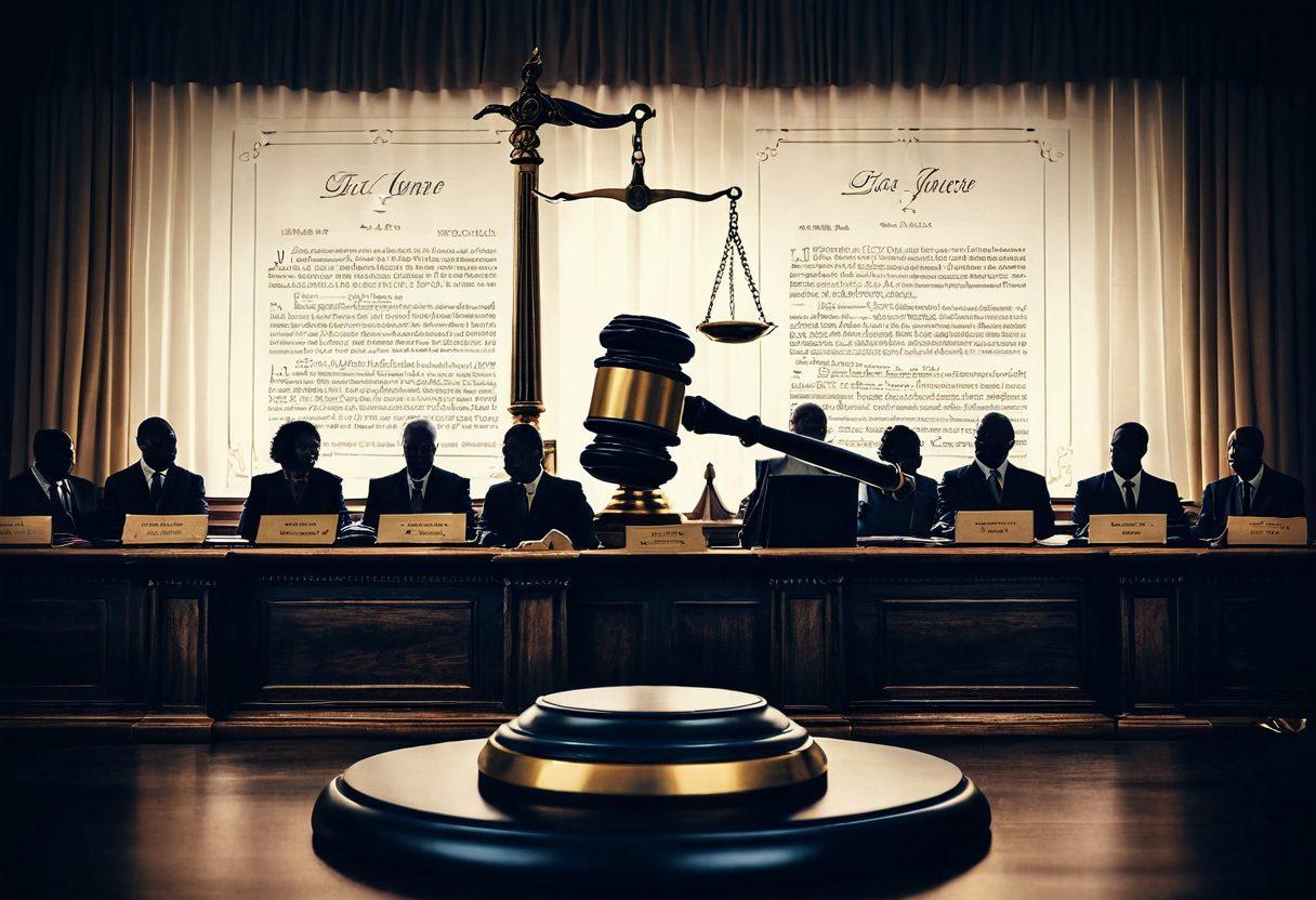 A striking visual representation of a gavel symbolizing law and justice, set against a layered backdrop of legislation documents and courtroom scenes. Include silhouettes of diverse individuals contemplating their legal rights, surrounded by iconic legal symbols like scales and books. The color palette should convey a sense of seriousness and assurance, with deep blues and gold accents. super-realistic. vibrant colors. white background.
